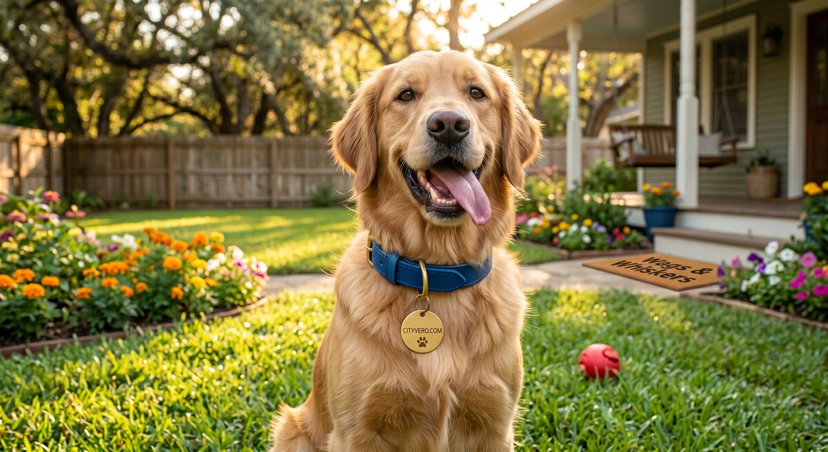 Golden retriever wearing a CityVero NFC tag in a suburban Central NJ yard